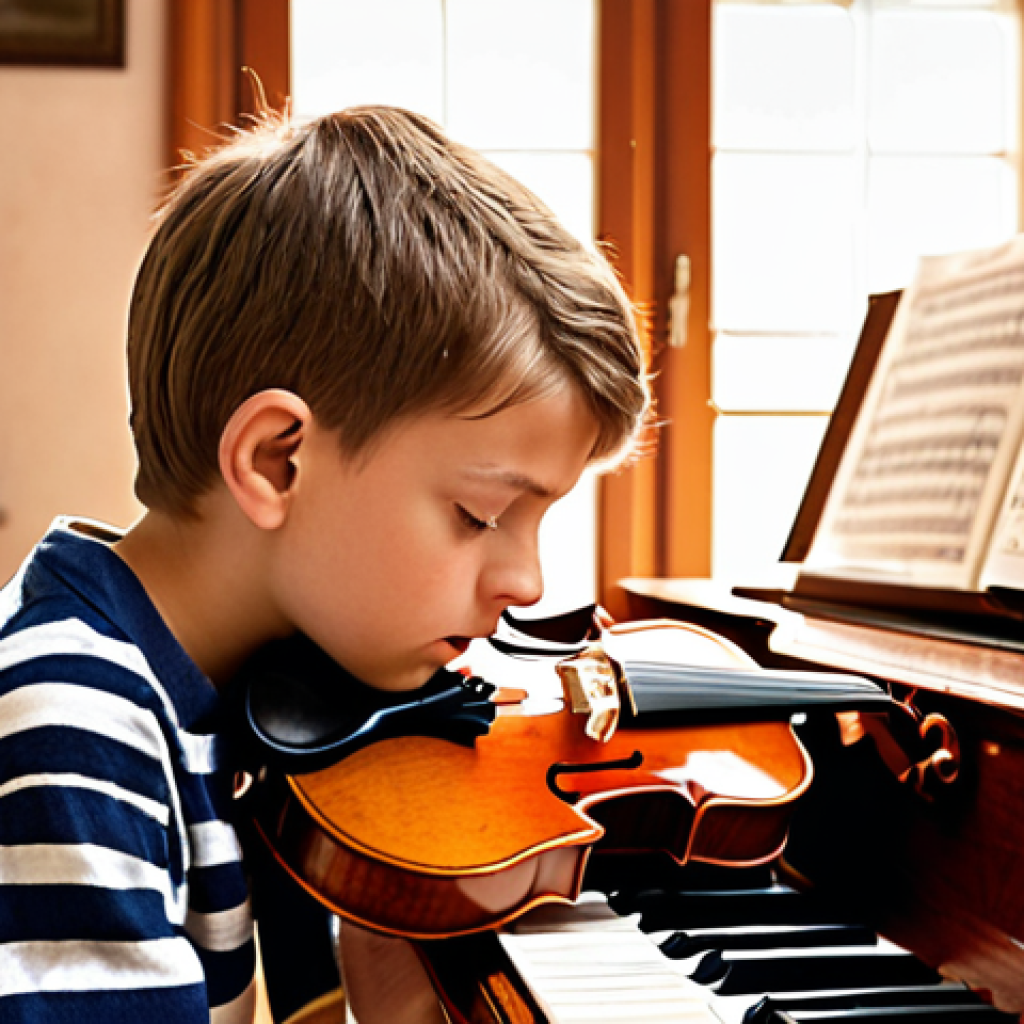 **Image:** A young Miroslav Mika Aleksić as a child, intently playing either a violin or piano. The setting is a warmly lit, classic European-style home with musical scores visible. Focus on capturing his passion and dedication even at a young age. Style: Warm, nostalgic, painterly.