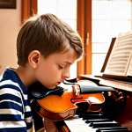 **Image:** A young Miroslav Mika Aleksić as a child, intently playing either a violin or piano. The setting is a warmly lit, classic European-style home with musical scores visible. Focus on capturing his passion and dedication even at a young age. Style: Warm, nostalgic, painterly.