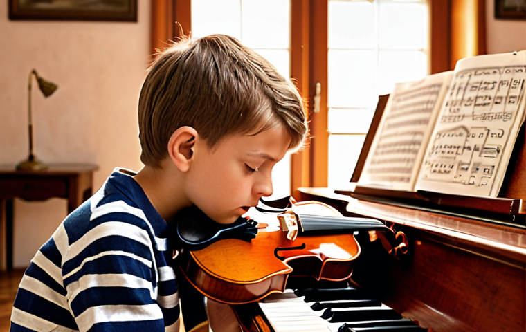 **Image:** A young Miroslav Mika Aleksić as a child, intently playing either a violin or piano. The setting is a warmly lit, classic European-style home with musical scores visible. Focus on capturing his passion and dedication even at a young age. Style: Warm, nostalgic, painterly.