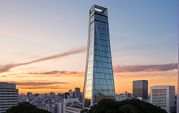 **Prompt:** Modern architecture featuring the Nishiazabu Hills Mori Tower in Tokyo at sunset. Focus on the sleek glass and steel design with a warm, inviting atmosphere. The Mori Art Museum should be visible near the top, showcasing art at a great height.